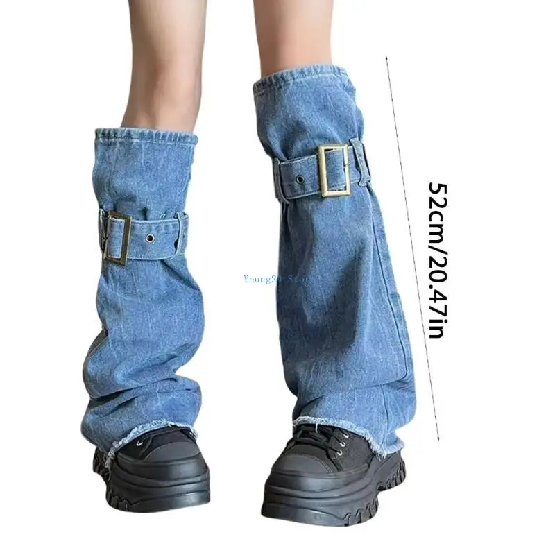P8DB Women Punk Leg Warmer with Buckled Harajuku Washed Jeans Blue Leg Sleeve Socks
