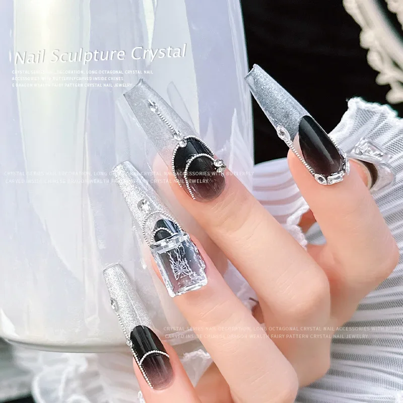 5Pcs carved snowflake crystal nail stones, butterfly dragon flower rectangular large rhinestones for elegant nail art decoration