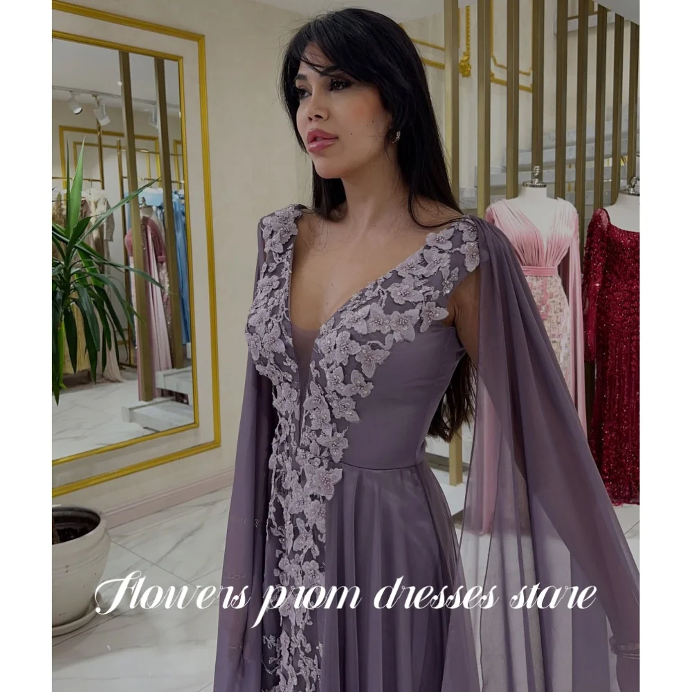 ดอกไม้ไลแลคคอวีแอพพลิเคชันชุดราตรีแขนพองชุดปาร์ตี้สำหรับผู้หญิงเอ-ไลน์ชุดเจ้าหญิงชุดเดรสเดอฟีเอตาที่กำหนดเอง