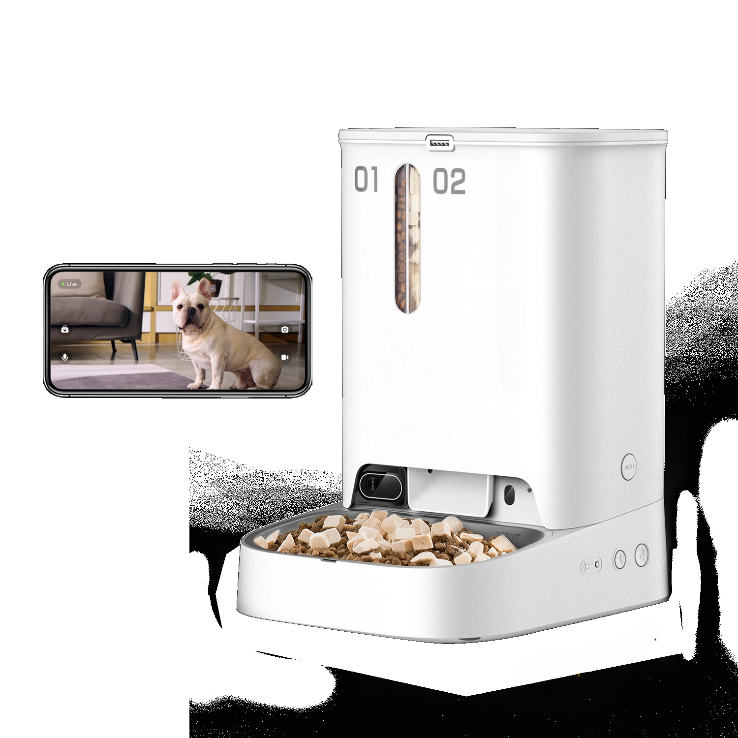 Double bucket AI intelligent pet feeder, with 1080P high-definition infrared night vision camera, remote interaction