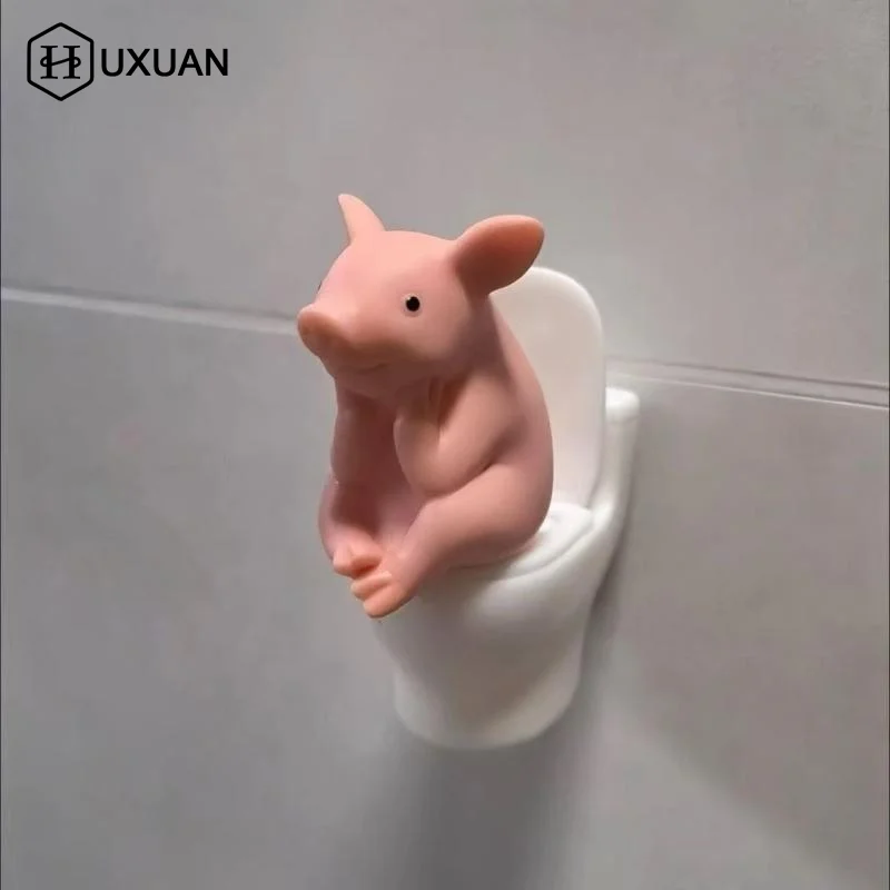 Funny Pink Pig On Toilet Figurine Cute Pvc Piggy Decor For Home Office Car Whimsical Novelty Gift For Friends Desk Ornament