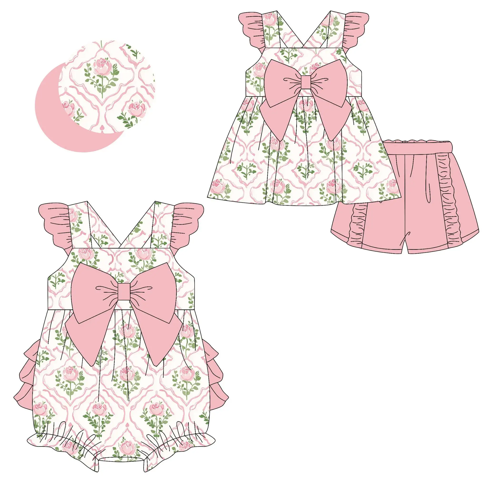 Boutique Children's 3-Piece Set Pearl Flower Leaves Lace Dance Shoes Printed Shorts Baby Girl Jumpsuit Dress with Suspenders