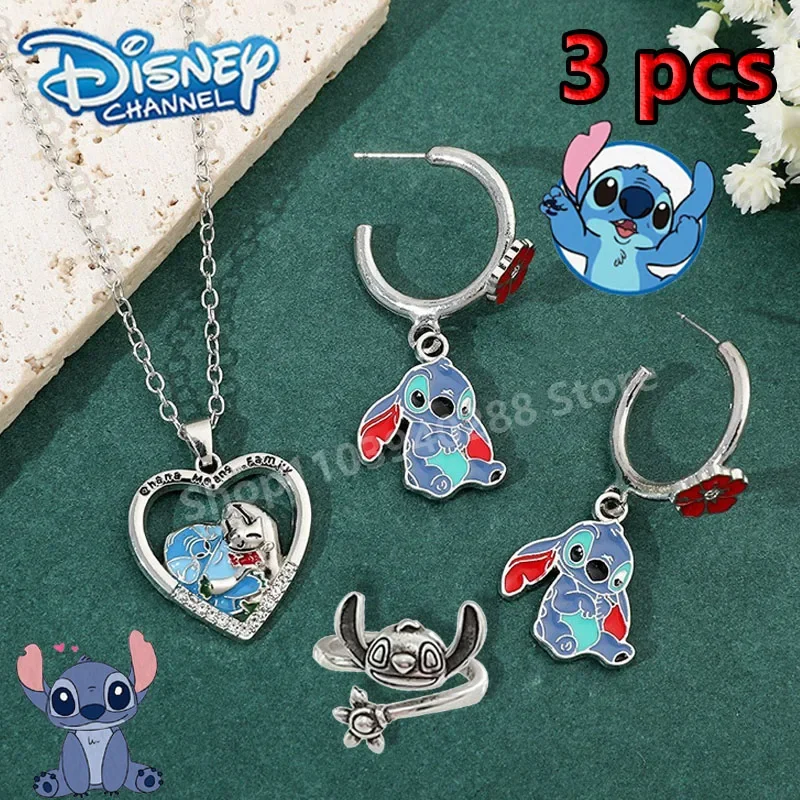 

1set Disney Lilo & Stitch Jewelry Set Cute Cartoon Anime Stitch Necklace Earrings Ring for Women Fashion Accessory Gifts