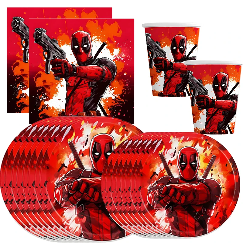 

Deadpool and Wolverine Party Supplies Tableware Banner Cake Topper Hanging Flag Deadpool Balloons Set Birthday Party Decoration