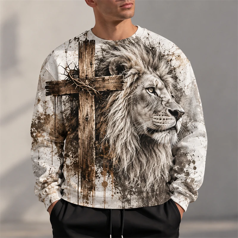 3D Print Lion Cross Sweatshirt Christian Graphic Men Long Sleeve Casual Pullover Unisex Faith Inspired Streetwear Unisex Y2k Top