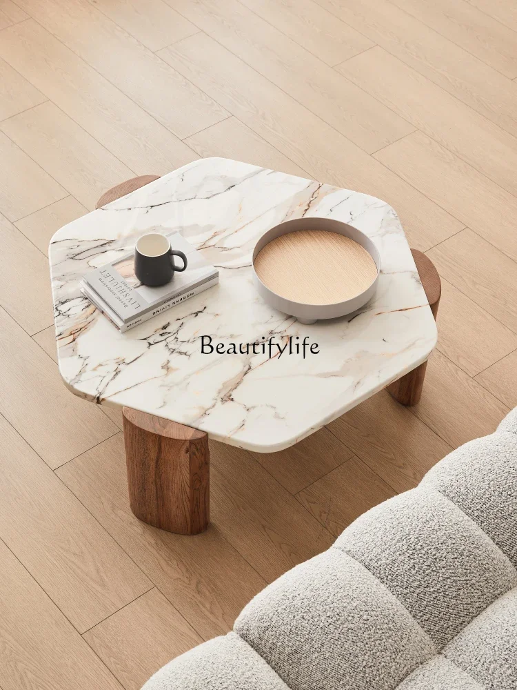 LS 04 تيرازو طاولة القهوة الخشب الصلب الجوز الأسود شقة صغيرة طاولة القهوة المستديرة الرخامية على شكل خاص