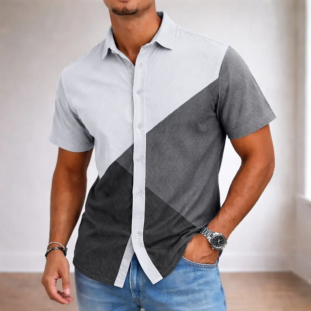 Men's Beige Burgundy Geometric Color Block Button Down Shirt, Casual Tops For Spring Summer Daily Wear & Vacation Occasions