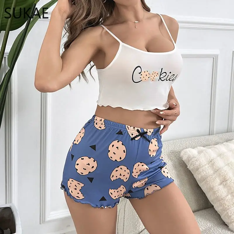 Lovely Cookies Female Sexy Lingerie Sleeveless Pijamas Summer HOT Spaghetti Strap Pajama Set for Women Milk Silk Tank Top Shorts