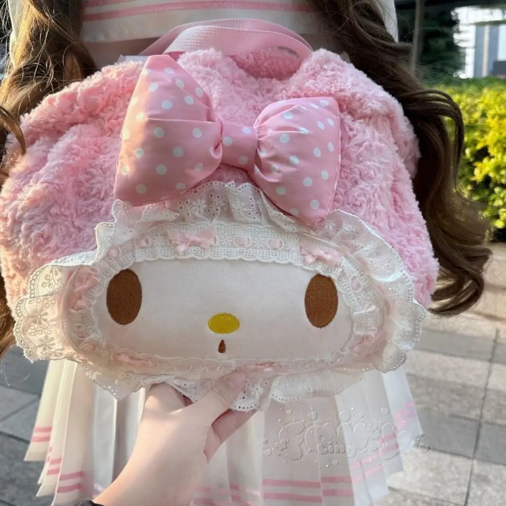 Kawaii Sanrio Melody Pluche kanten rugzak Meisje schoudertas met grote capaciteit student anime cartoon schooltas Vriend verjaardagscadeau