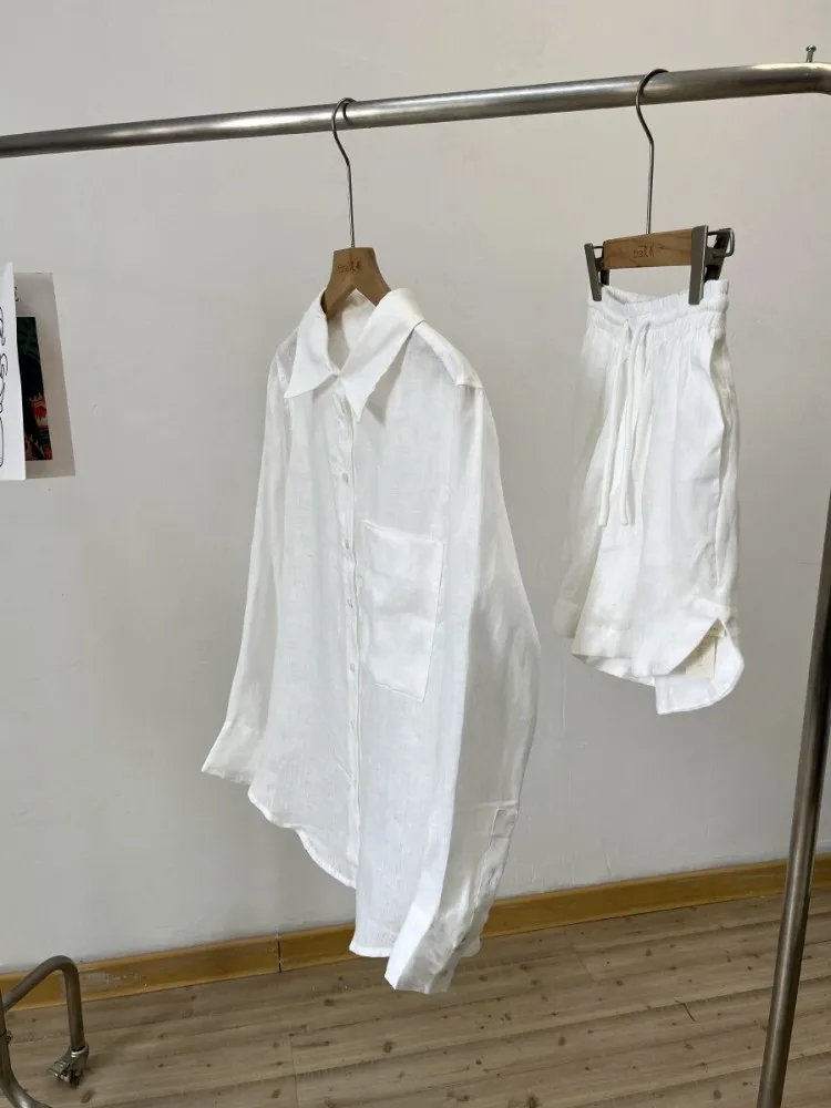 Vntage Women Sun Protect Linen Shirt Shorts Two Piece Set Breathable Loose Fit Top Elastic Waist Wide Leg Shorts Holiday Sets