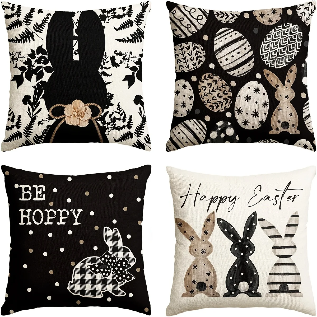 4-Pack Easter Bunny Throw Pillow Covers, Contemporary Style, 18x18 Inch, Zippered Polyester Cushion Cases, Machine Washable