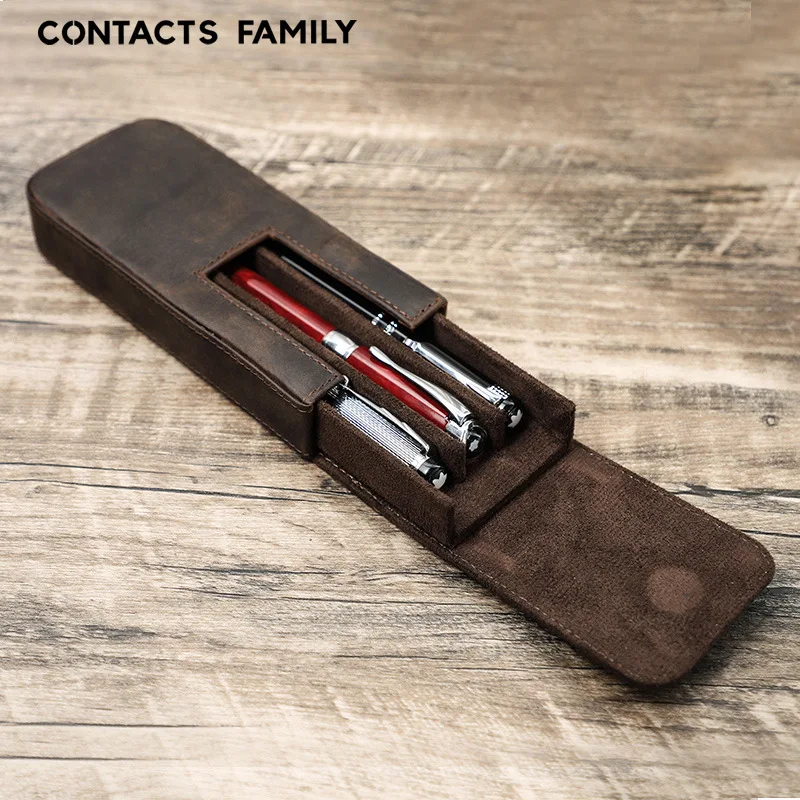 

Contact'S Family Genuine Leather Vintage Creative Handmade Pen Case With Detachable Pen Holder Student Office Business Pens Bags