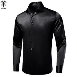 Hi-Tie Black Silk Satin Mens Shirts Windsor Lapel Collar Long Sleeve Button Down Social Shirt for Male Soft Breathable Over Size