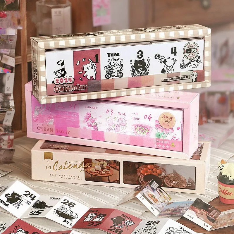 1pc Paper Calendar Cute Girl Cat Flower Creative Portable Daily Hand-Tearable Calendar Collage Scrapbooking DIY Calendar