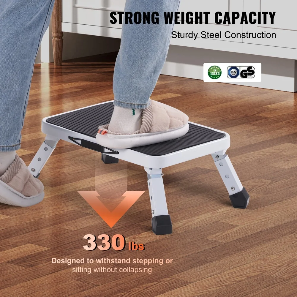 Foldable Metal Step Stool 330lbs Load Capacity Height Adjustable Ladder Non-Slip Compact Easy Reach Utility Stool Home Office RV
