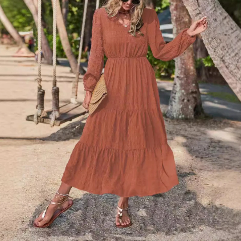 Elegant Retro Dress V-neck Lantern Seeve Stitching Elastic Waist Solid Color Long Skirt Early Spring Fashion Temperament Women