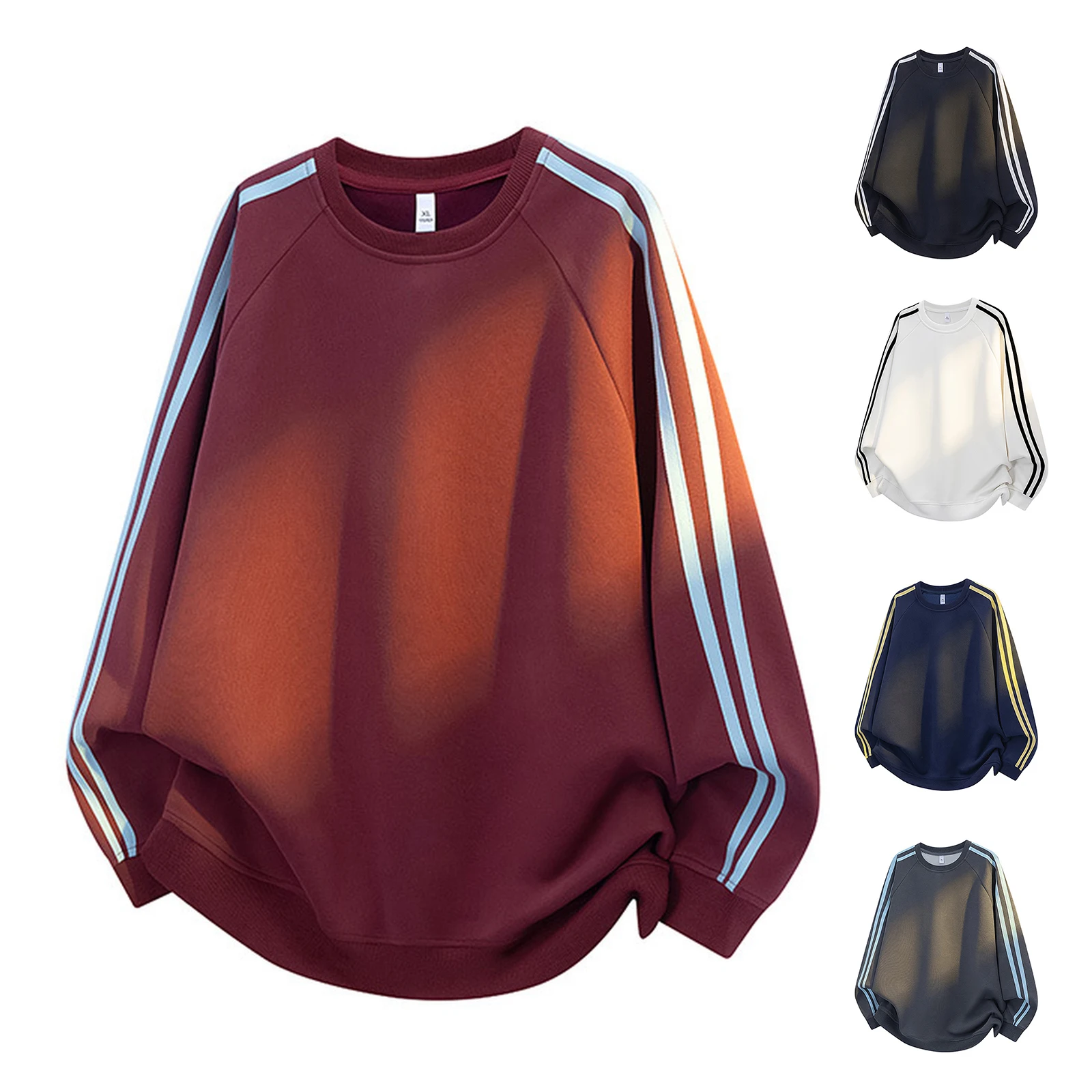 

Men Fall Winter Comfort Lightweight Sweatshirt Casual Minimalist Stripe Sport Pullover Male Solid Color Round Neck Daily Tops