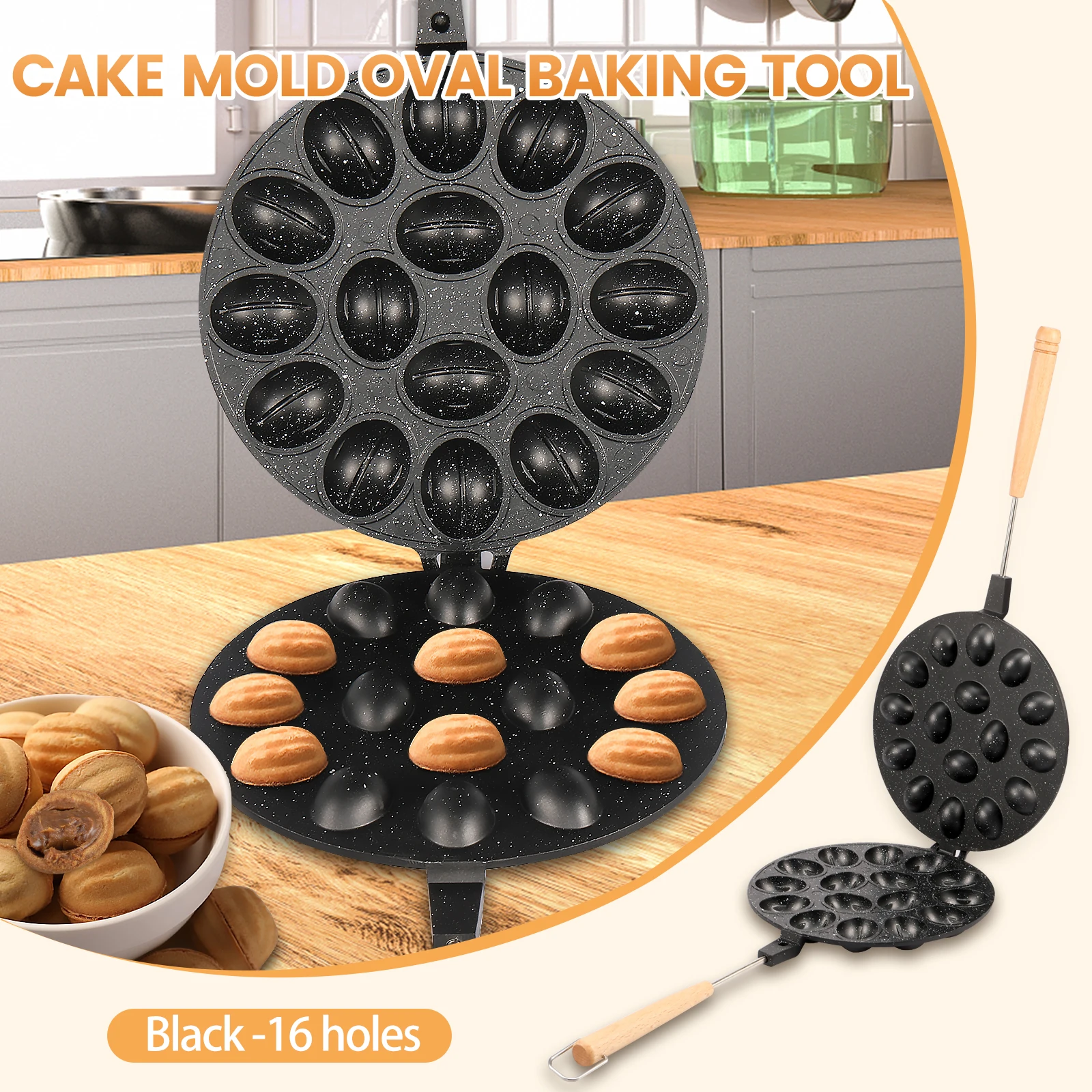Walnut Cookie Mold with Wood Handle 16 Holes Walnut Cookie Maker Nonstick Oreshki Mold Maker Efficient Pastry Nut Cookies Mold