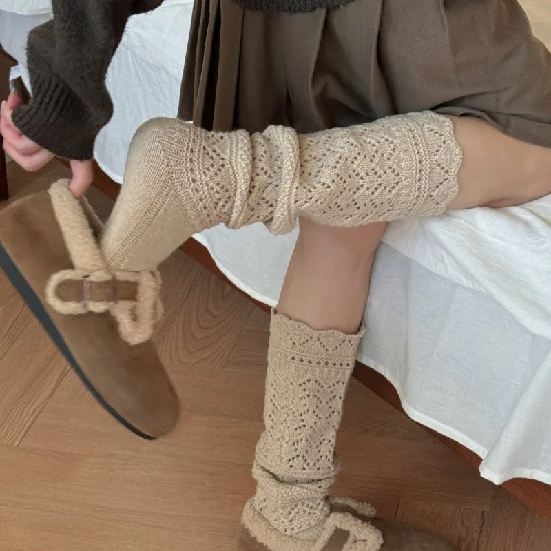 

Soft Wool Hollow Out Knitted Socks for Women Lace Thickned Warm Leg Socks Solid Color College Style Fashion Pile Socks