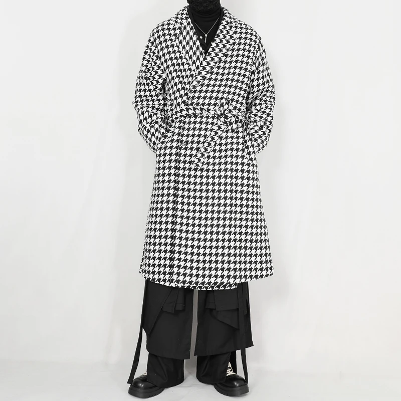 

Autumn and winter new woolen coat men's coat oversize silhouette black and white thousand bird plaid long woolen coat