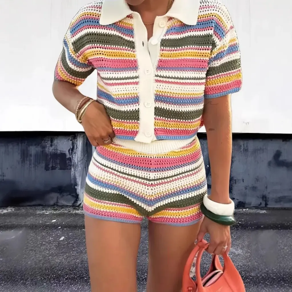 

Vin Qi женский вязаный костюм, зимняя цветная полосатая рубашка-поло, свитер и повседневные шорты, комплект с милым рисунком