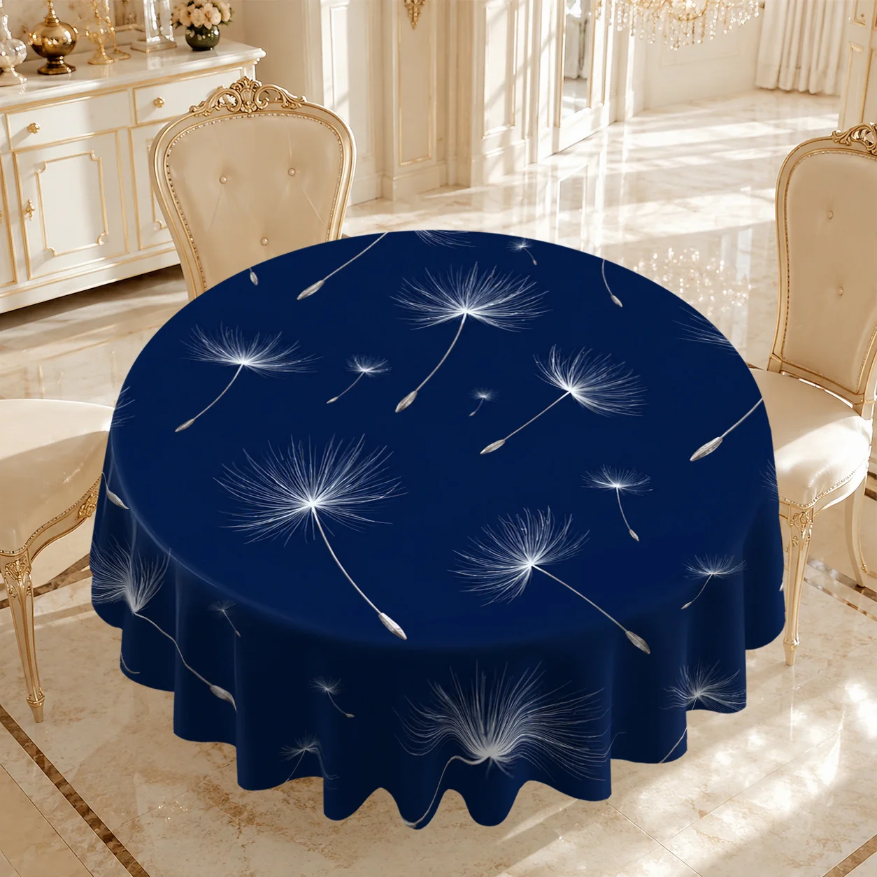 1 Round Tablecloth with a 2D Pattern of Dandelion Seeds Scattered on a Dark Blue Background. Suitable for Home, Kitchen