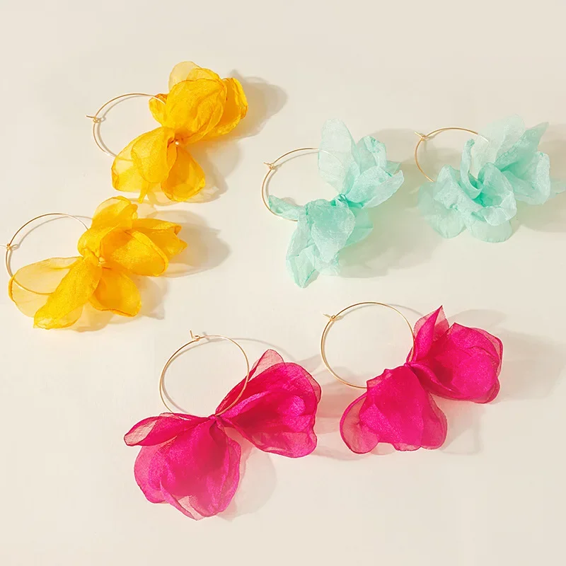 Bohemian Big Cloth Flower Earrings for Women Statement Jewelry Handmade Colorful Fabric Blocked Flower Tassel Earring Pendientes