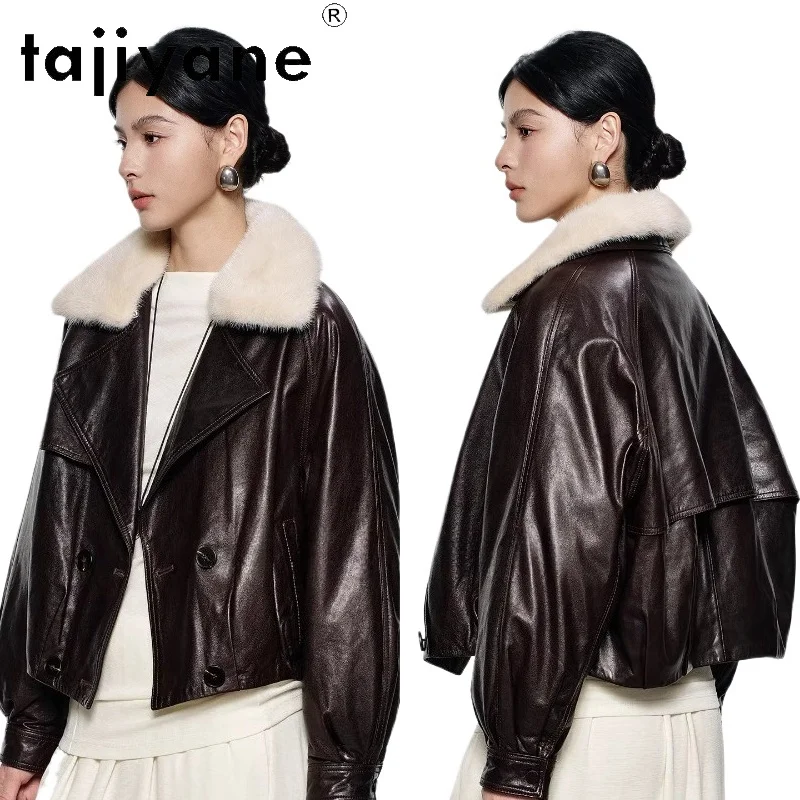 Kurtka damska TAJIYANE z olejowanego wosku, skóra owcza, puch gęsi, luksusowy kołnierz z futra norek, kurtki ze skóry naturalnej, odzież zimowa 2025, дубленка