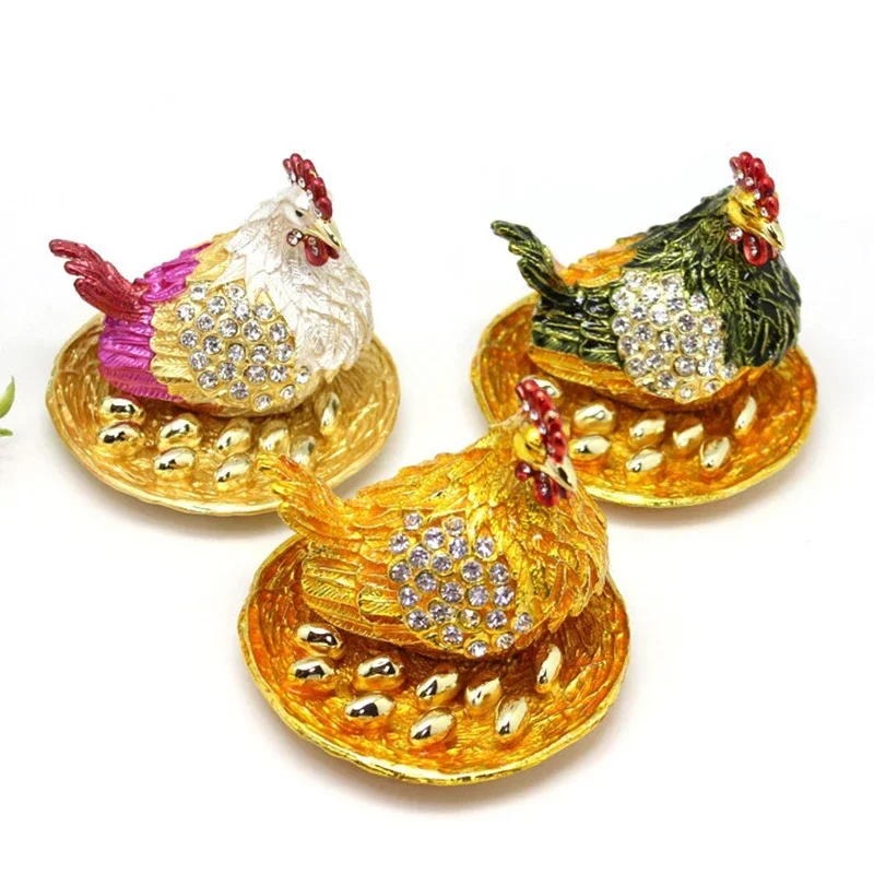 

Rhinestone Jewelry Box Earring Ring Necklace Storage Box Chicken Figurines Desktop Ornaments Case Decor Gift Metal Trinket Case