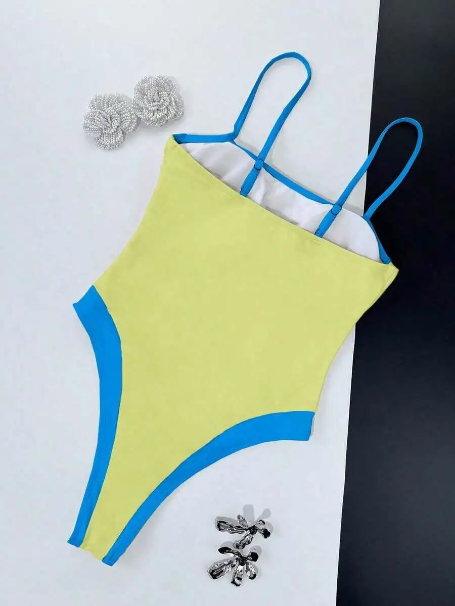 Women Color Block One Piece Swimsuit Square Neck Wide Straps Slim Fit Yellow Blue view 2