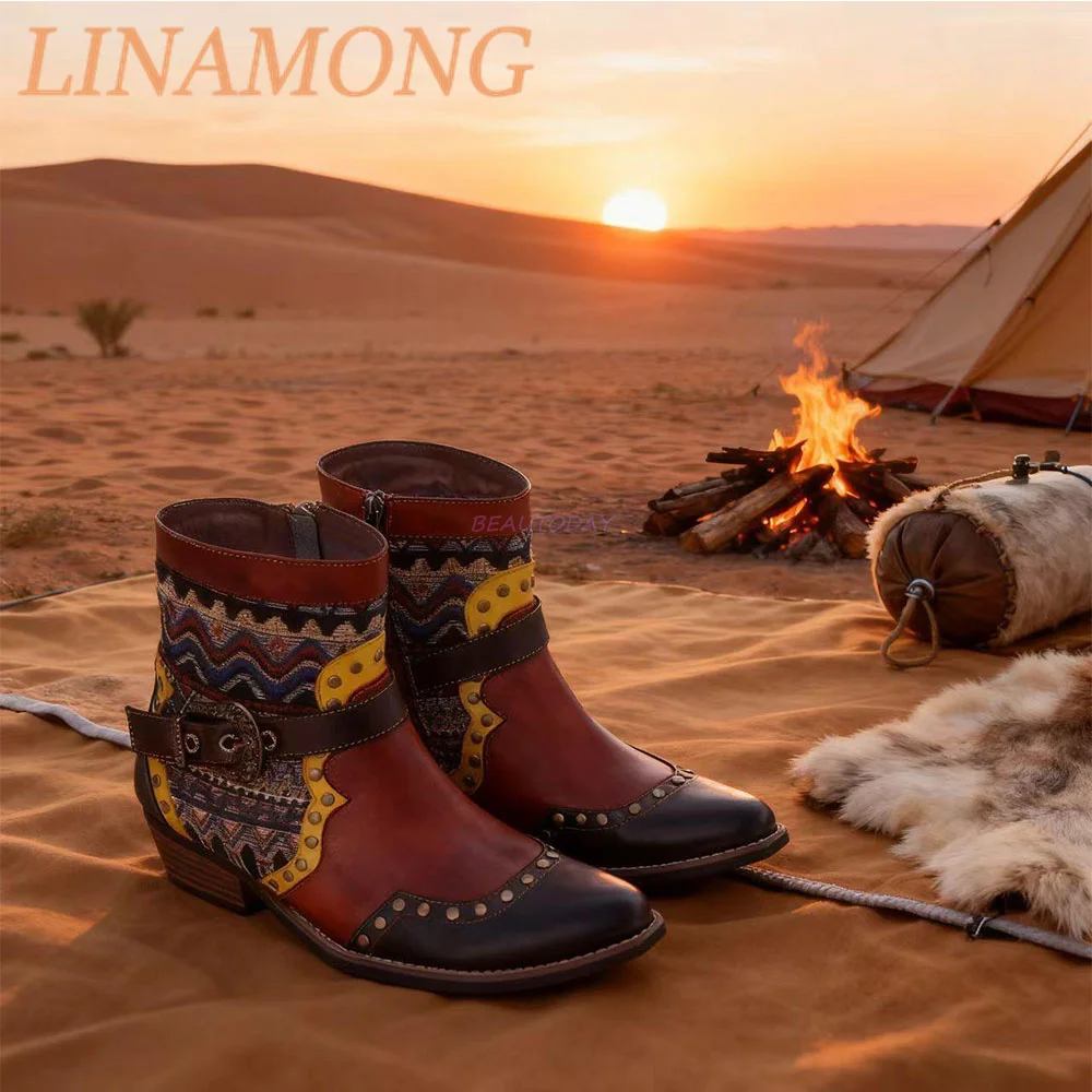 

Brushed Western Cowboy Style Leather Boots Handmade Leather Splicing Retro Rivet Buckle Decoration Middle Heel Short Boots