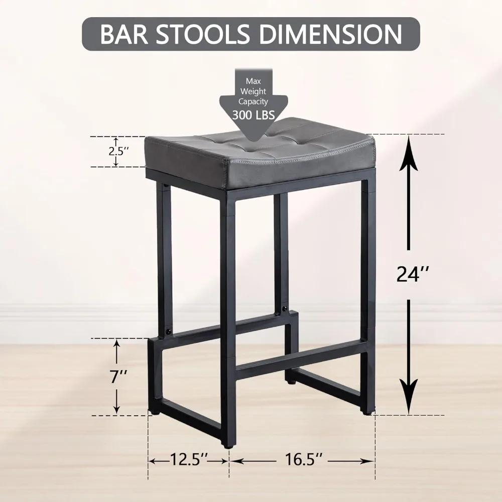 Faux Leather Barstools for Kitchen Island, Backless Saddle Stools with Metal Legs (Grey, 4PCS 24" Counter Stools) Bar Stools