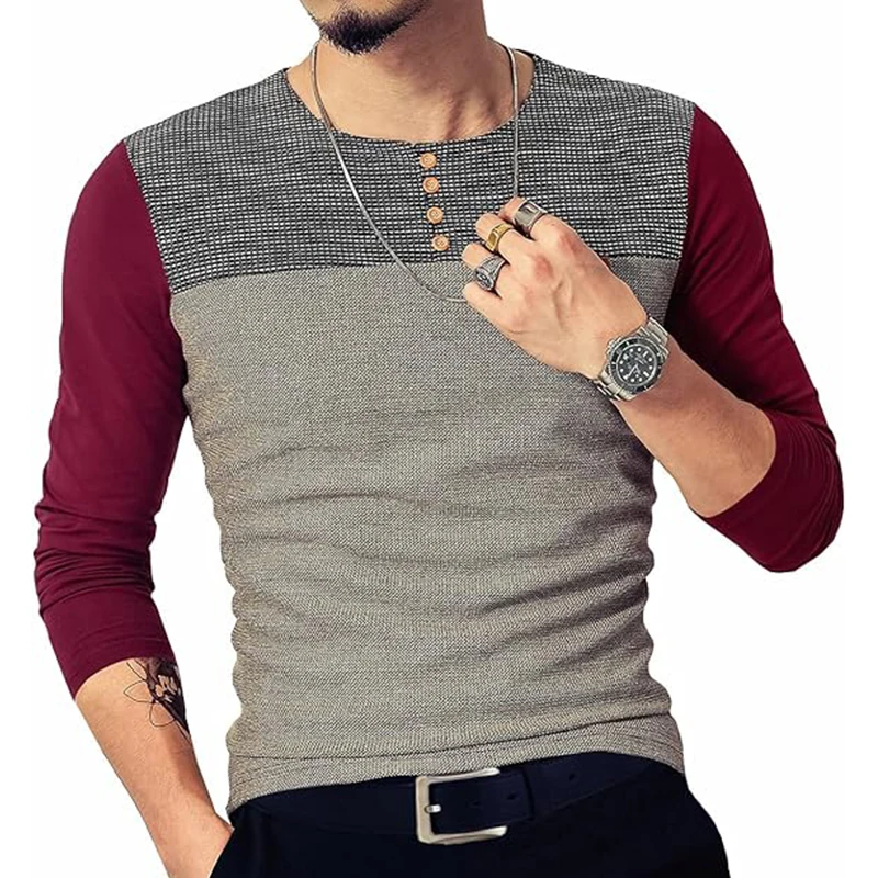 Men‘s Slim Fitted Casual Long-Sleeve Button T-Shirts Contrast Color Stitching Top Tees