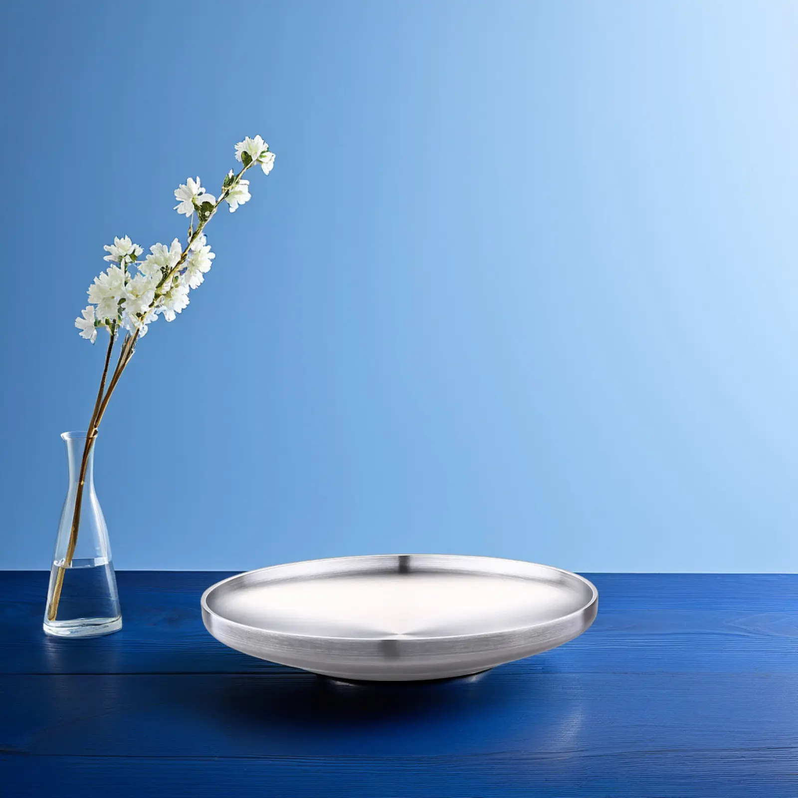 304 Stainless Steel Round Dish Double Wall Shallow Plate Wire Drawing Finish Lightweight Heat Insulation Non Slip Food Serving