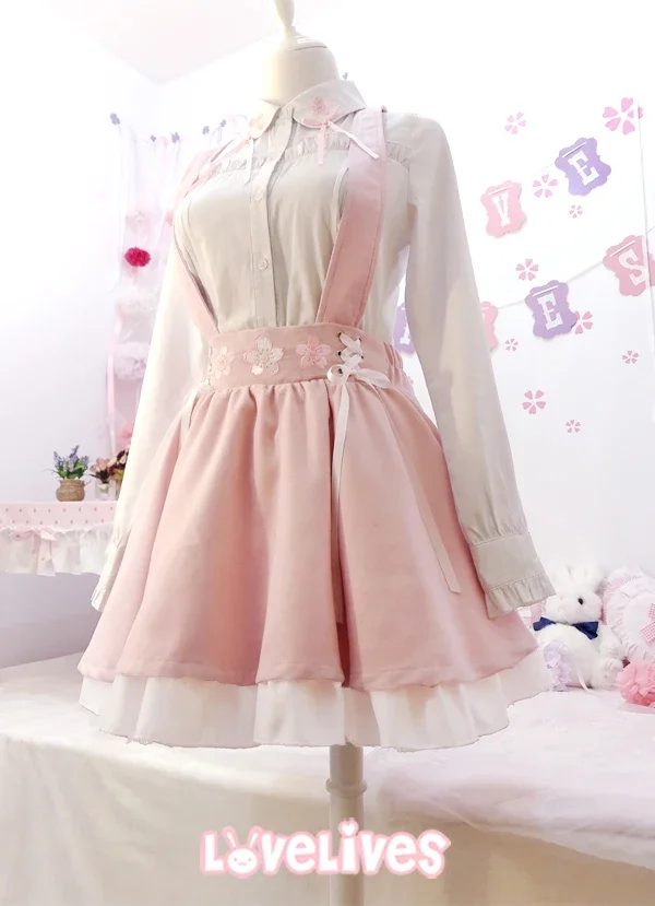 COYOUNG Store Japanese Style Sweet Lolita Girls Short Skirt Sakura Embroidery Young Girl Bestie Ribbon Suspender Skirt