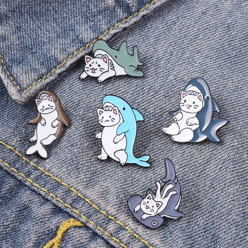 Enamel Pin Lapel Pins For Backpacks Broche Cute Shark Cat Brooch For Clothes Pines Badges Metal Brooches For Women Jewelry