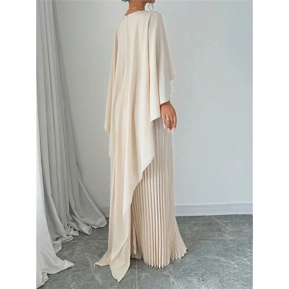 

Women's Elegant O Neck Solid Color Long Sleeve Maxi Dress Pleated Irregular Hem Fashion Night Dress