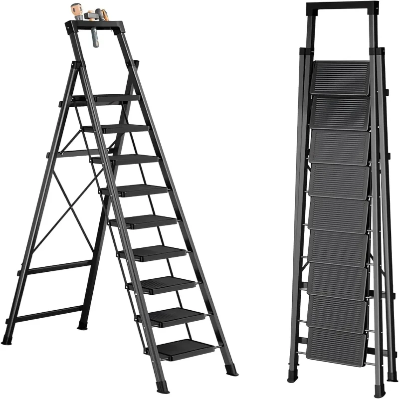 9 Step Ladder with Tray,330lbs Capacity Portable Step Stool for Adults,Heavy Duty Step Ladder Wide Anti-Slip Stury Steel Folding