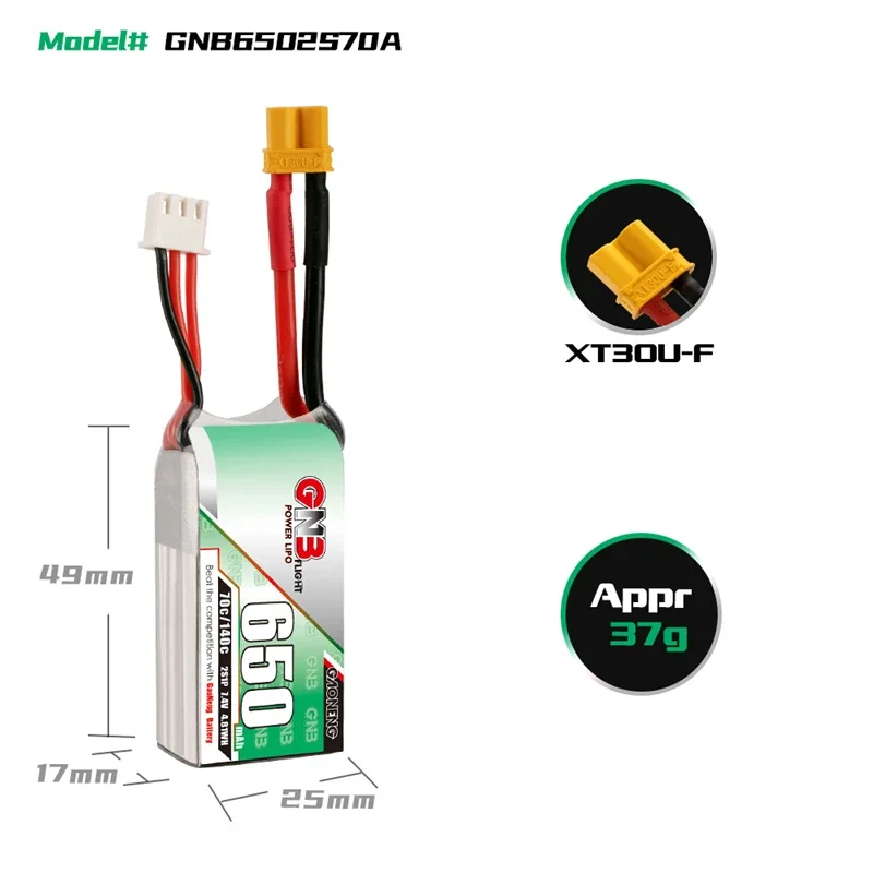 Gaoneng GNB 650mAh 7.4V 2S 70C/140C with XT30U-F Plug HV Lipo Battery for DYS FPV Racing Drone 4 Axis RC Drone Parts