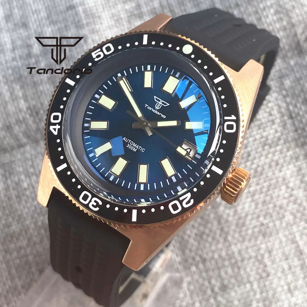 Tandorio 62 MAS CUSN8 reloj automático para hombre, bronce sólido, 41mm, PT5000, NH35A, 30Bar, gris/negro/azul, correa de goma de cristal de zafiro AR