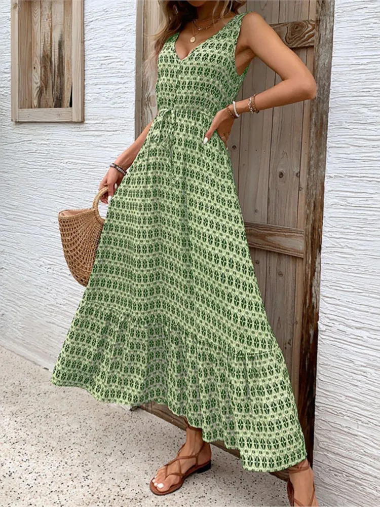 

Woman''s Fashion Geometric Print Waist Cinched Dress Casual V-neck Sleeveless Long Dress Lady Summer Beach Vacation Style Dress