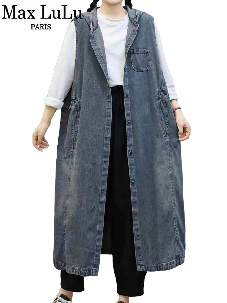 Max LuLu Autumn Long Sleeveless Clothes Womens Loose Fashion Hooded Denim Vest Coats Ladies Classic Leisure Vintage Waistcoats