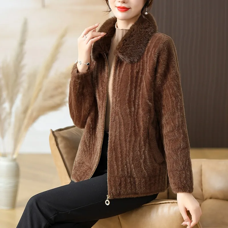 

Middle Aged Elderly Mother Imitation Mink Velvet Coat Autumn Winter Thick Stand Zipper Cardigan Sweater Women Knitted Jacket