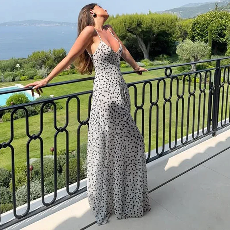 

Printed Suspender Long Dress For Women V neck Sexy Polka Dots Mesh Dress Backless Slim Evening Party Dress Lady Fashion
