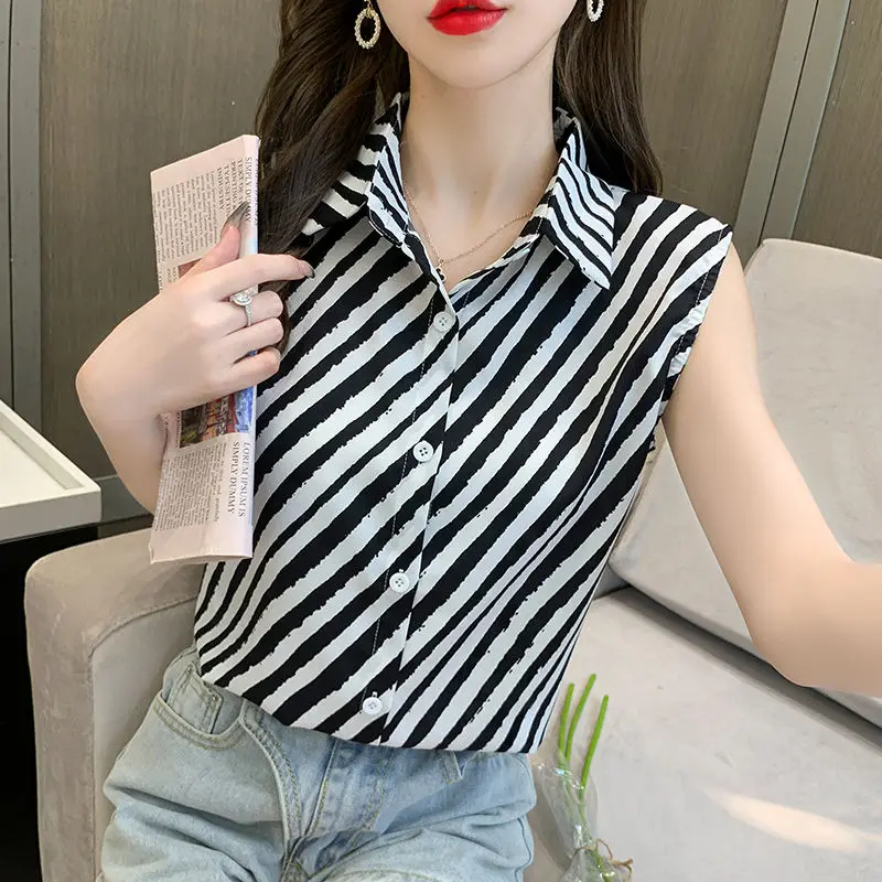 Women Clothing Summer Korean Fashion Striped Print Sleeveless Shirts Office Lady Elegant Commute Blouses Lapel Slim Chiffon Tops