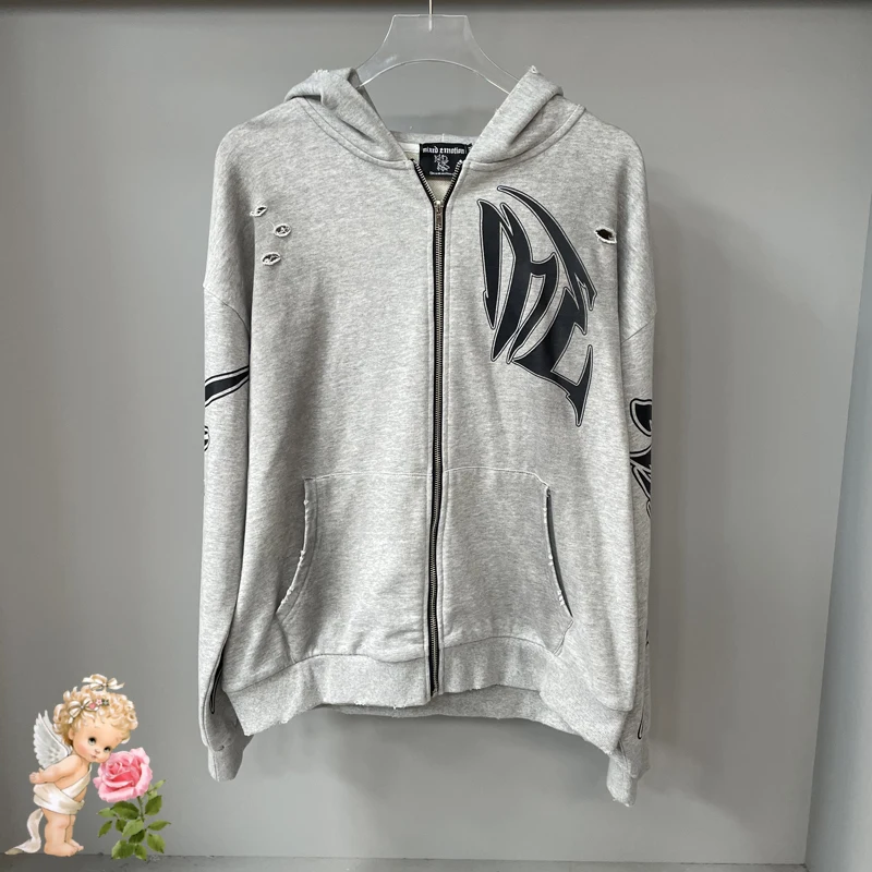 

Gray Hole Damaged Mixed Emotion Zipper Hoodie Loose Casual Hooded Jacket Men Women Winter Autumn Sweatshirts Cotton Pullovers