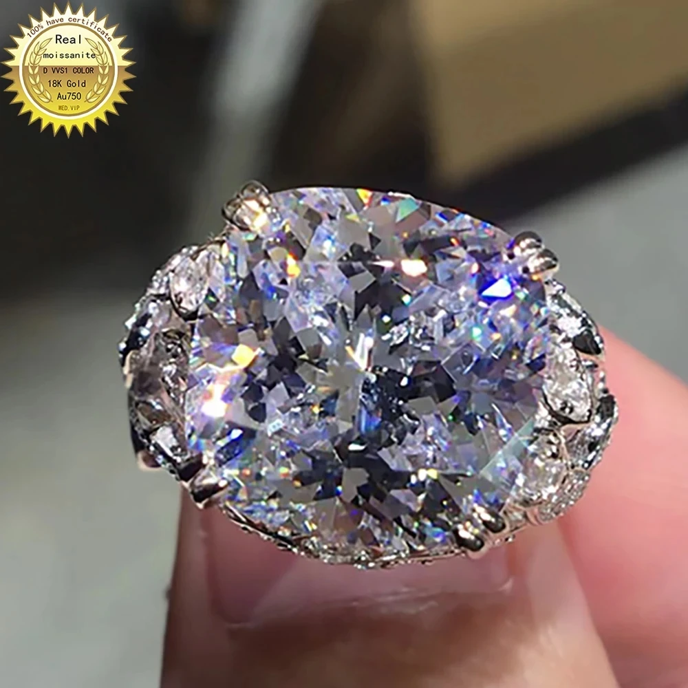 6 7 8 9 10 Carat Au750 18K  White Gold RingWomen Wedding Party Engagement DVVS1 Cushion Moissanite Diamond Ring Classic Trend