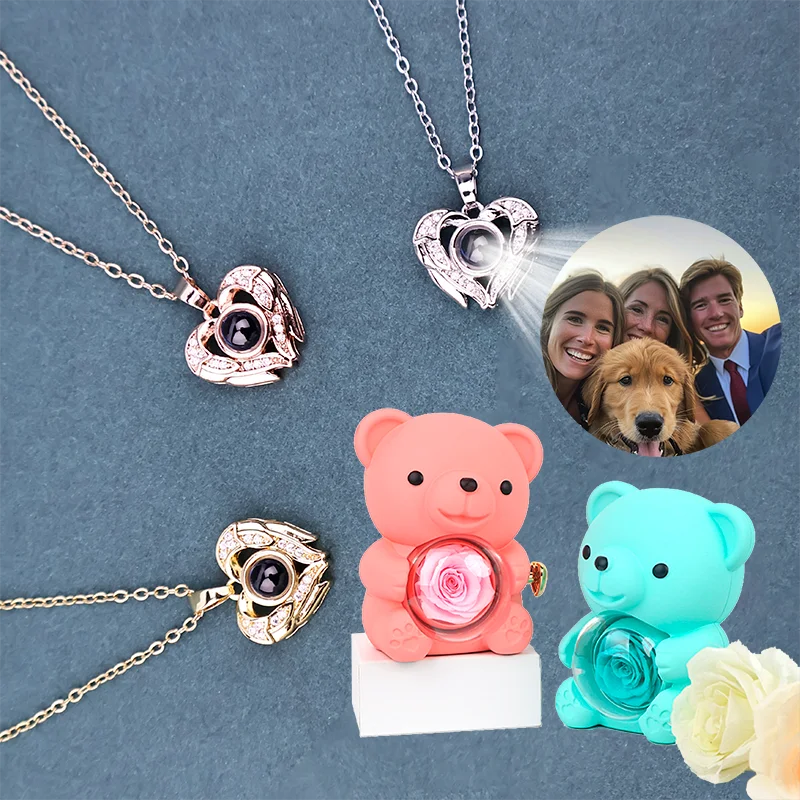 

Custom Photo Projection Heart Wing Copper Pendant Stainless steel Circle Chain Necklace With Cute Bear Rose Gift Box For Women
