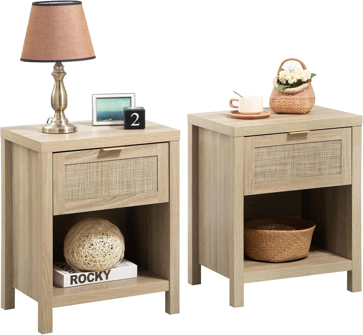 Muji inspired light oak rattan bedside table set displaying smooth drawer slide