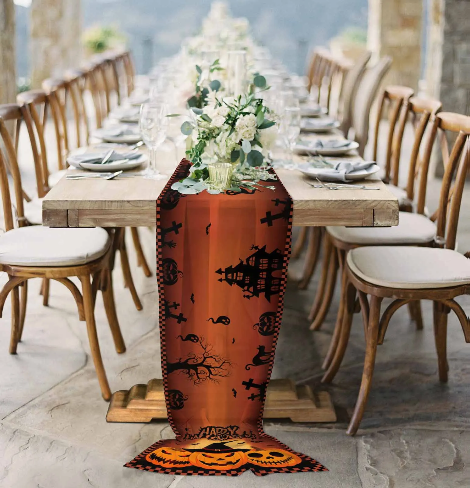 

Halloween Pumpkin Orange Plaid Sheer Chiffon Table Runner Wedding Party Birthday Tulle Voile Tablecloth